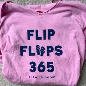 Life Is Good Flip Flops 365 Hoodie Tee | Pink Navy | Women’s M Relaxed Fit